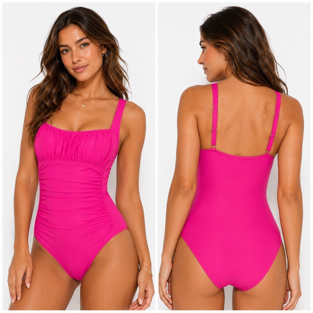 Eomenie One Piece Swimsuit Medium Hot Pink Ruched Tummy Control Padded Cups NWT
